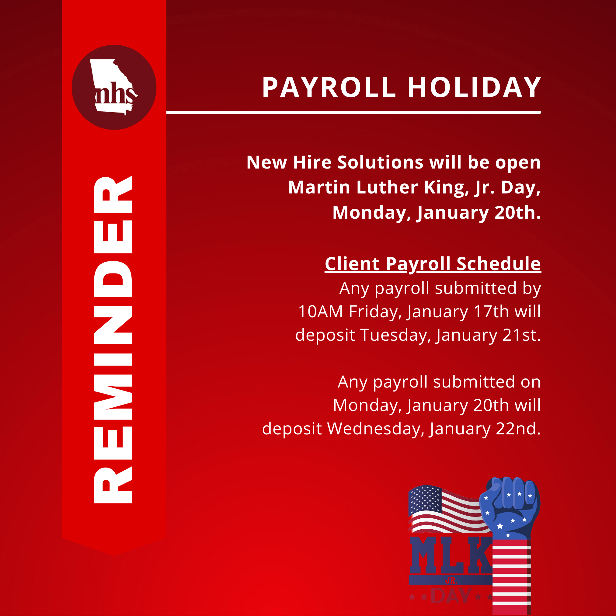 Photo for New Hire Solutions will be OPEN Martin Luther King, Jr. Day