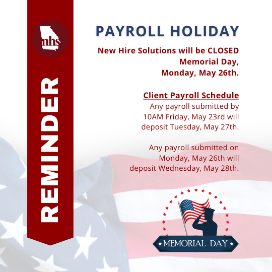Photo for New Hire Solutions will be CLOSED Memorial Day